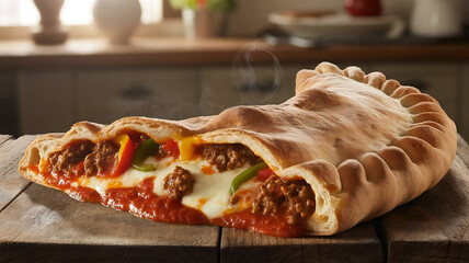 Delicious Golden Brown Calzone with Gooey Cheese and Steaming Hot Filling