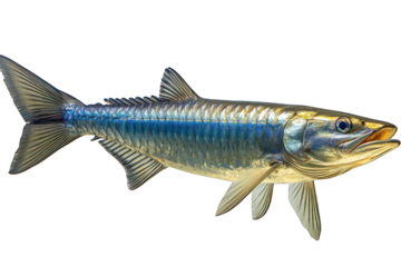 Sleek, silver fish swims right with prominent fins on a solid black background