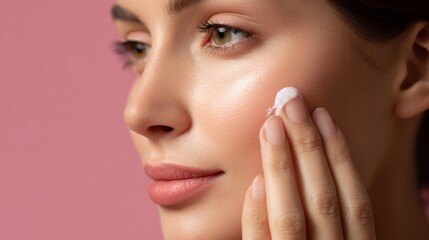 Fototapeta premium Close-up of Woman Applying Face Cream, Pink Background, Skincare Routine, Beauty Skincare, Beauty Routine