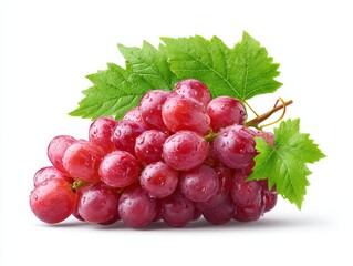 Fototapeta premium Fresh Red Grapes with Dew Drops and Green Leaves, Cluster Composition, Still Life Photography, Fruit, Vineyard Fruit Photography, Grapes