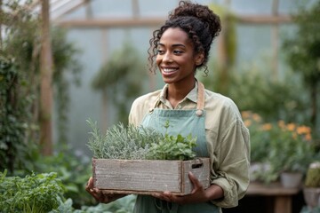 A joyful Black female is holding a wooden crate filled with various fresh herbs in a sunny greenhouse filled with plants