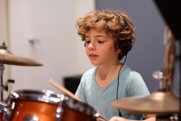 Young caucasian male child playing drums with headphones in music studio