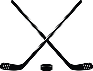 Crossed hockey sticks with puck, black and white sports equipment illustration, ice hockey concept, competitive game symbol, vector graphic design