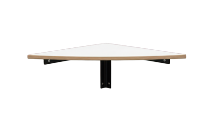 Triangle corner shelf, top-down view, featuring white top and dark metal brackets