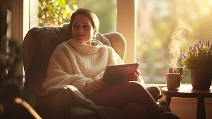 Woman mindfully disconnecting from digital devices in a serene room with plants and natural light