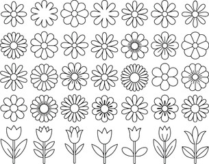 Fifty unique stylized black and white flower outlines and silhouettes, a versatile collection of botanical illustrations for decorative designs.