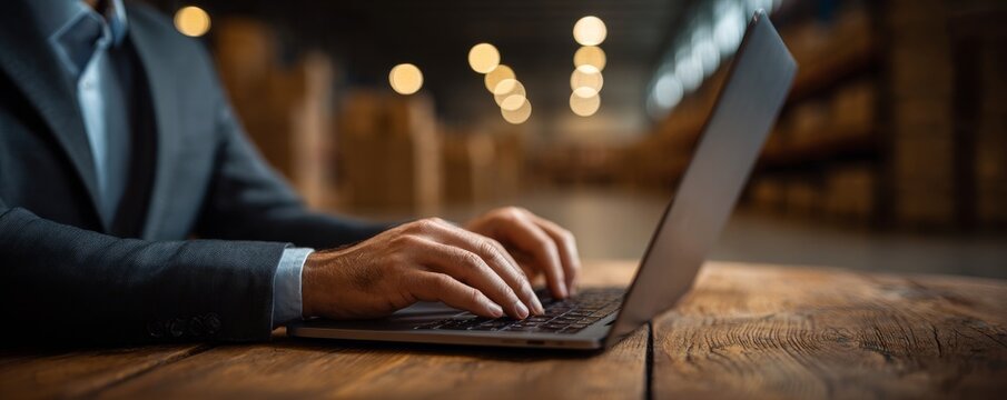 Warehouse Inventory Management Close-up of Businessman Typing on Laptop, Inventory, Logistics Inventory Management, Logistics