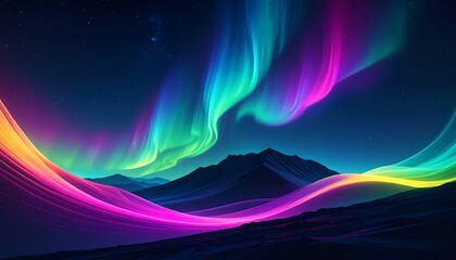 A vibrant aurora borealis dances across a landscape of luminous, flowing hills under a star-studded night sky.