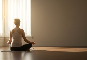 Person silhouette meditating by bright window creating peaceful atmosphere, minimalist wellness space for yoga and mindfulness practice