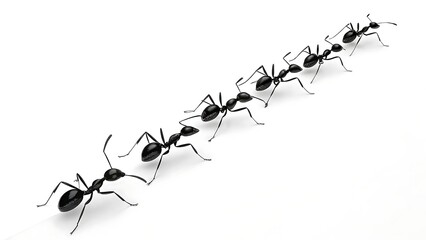 Ants marching in a single file line on a white background