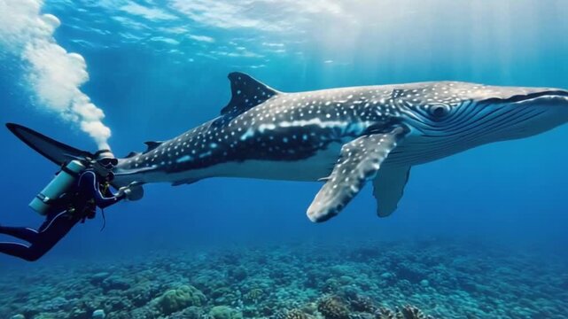 Diver swimming alongside a majestic whale shark in a vibrant coral reef ecosystem