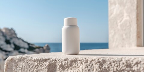 White skincare bottle on stone surface with ocean view in the background  
