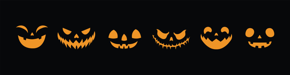 Set of spooky pumpkin faces on black background.  Creepy and funny jack-o’-lanterns.