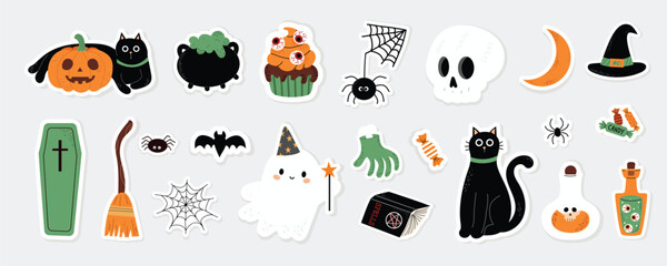 Halloween stickers set. Cute black cat, ghost, skull, spider, bat, witch hat, candy. Grey isolated background.