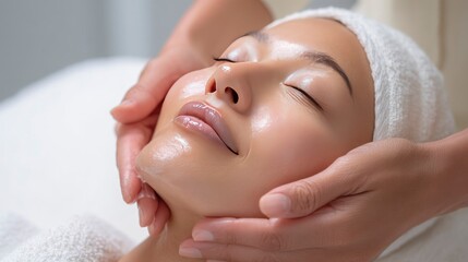 Woman enjoying facial treatment while relaxing in a spa setting, concept of peeling