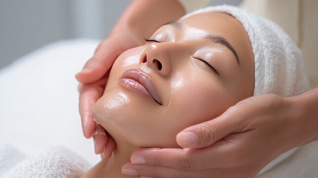Woman enjoying facial treatment while relaxing in a spa setting, concept of peeling