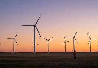 Obraz premium Multiple wind turbines against purple sunset sky, clean energy farm generating sustainable electricity for environmental future concept