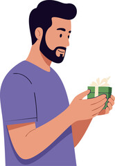 Man holding small green gift box with bow in hands vector illustration in purple shirt calm expression