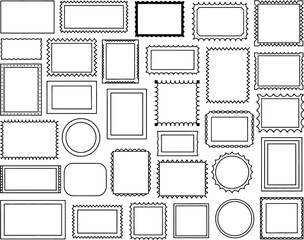 Assorted Black and White Postage Stamp Frame Designs on White Background