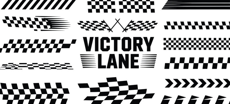 Vector set of black and white racing-themed graphics, featuring checkered patterns, finish lines, and victory lane typography.
