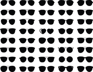 Fototapeta premium A striking pattern of black silhouette illustrations showcasing a diverse range of sunglasses and eyewear designs, perfect for backgrounds or design elements.