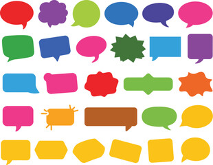 A large collection of colorful speech bubble and text box designs. Assorted vector graphic elements for communication and dialogue.
