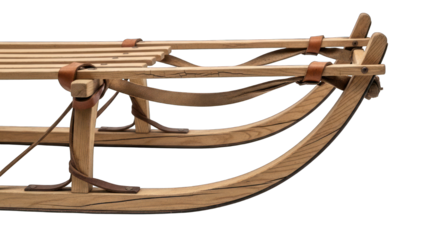 Wooden toboggan detail with slats & leather straps, aged wood texture visible