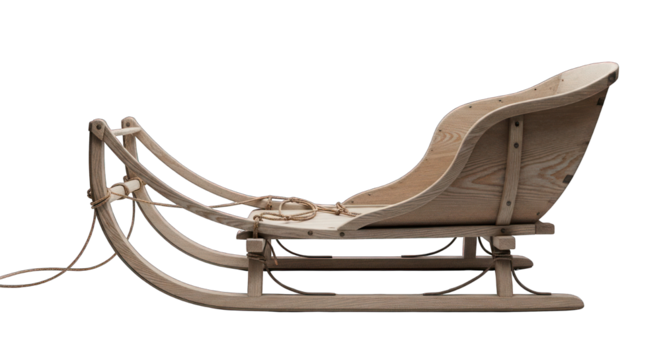 Wooden sleigh with curved runners, a seat, and rope pull, on black background