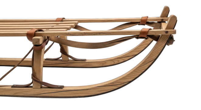 Wooden toboggan detail with slats & leather straps, aged wood texture visible