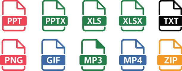 Various File Format Icons PPT, XLSX, TXT, PNG, MP3, ZIP in Vector Style