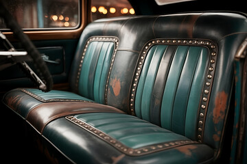 Close up of a vintage car interior featuring a teal and brown leather seat with metal studs detail