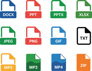 Assorted file format icons in a grid, showcasing common document, presentation, and media file types