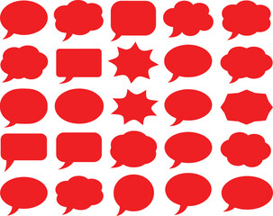 Diverse collection of red speech bubble and thought bubble silhouettes arranged in a grid on a white background, ideal for communication, dialogue, and chat graphic elements.