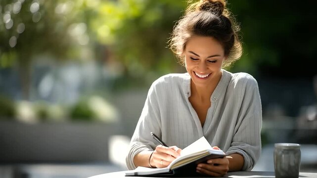 A woman checking her planner in sunlight