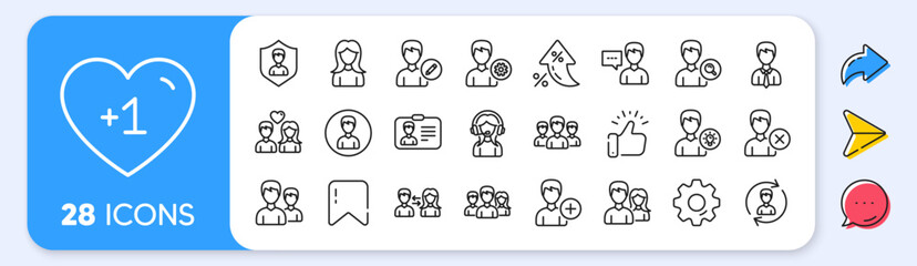 Obraz premium User people line icons. Interest rate, AI generate, Inflation icons. Male and Female Profile, Group and Support icons. ID card, Teamwork people and Businessman symbols. Vector