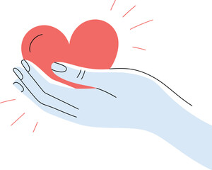 Minimalist vector illustration of a gentle light blue hand tenderly holding a vibrant red heart, symbolizing love, care, and compassion in a clean design.