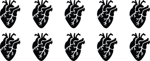Seamless background with black anatomical heart illustrations. Repetitive vector pattern for medical and scientific themes.