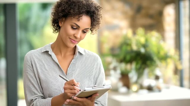 A woman checks tasks in her planner while smiling in sunlight