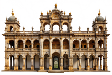 The image is of a large, old, and ornate building with many arches and pillars isolated on white background PNG,AI GENERATED