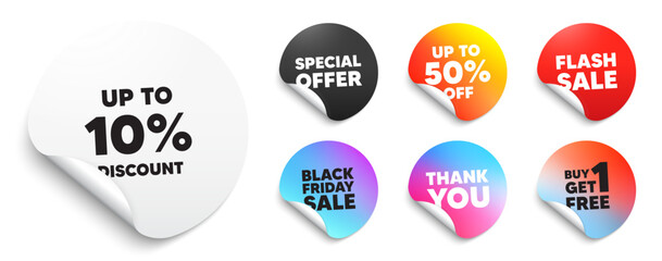 Discount tag sticker tag. Special offer paper price tags. Up to 10 percent discount tag. Sale offer price sign. Special offer symbol. Save 10 percentages. Discount, black friday sticker. Vector