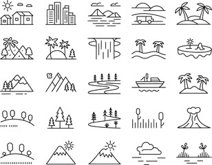Diverse Landscape Icons A Minimalist Line Art Collection in Black and White