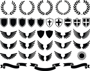 Heraldic Elements Laurel Wreaths, Shields, Wings, Banners in Black and White