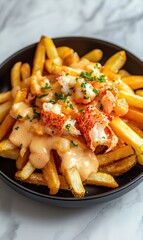 Lobster Poutine Delight Garnished With Vibrant Herbs Served on a Sleek Black Plate Against a Soft Backdrop