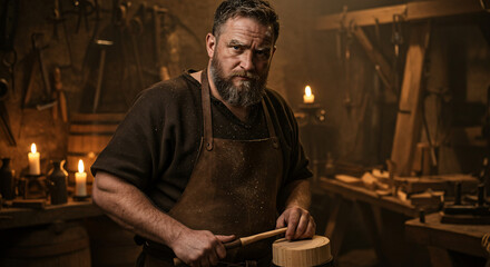 Bearded medieval craftsman working with wood in his dimly lit workshop, focused on his task