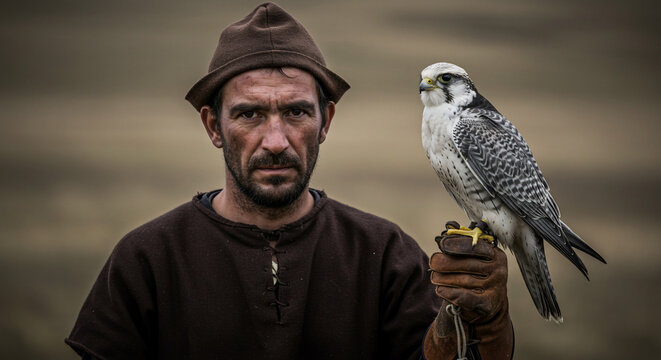 A sternfaced falconer in traditional attire holds a majestic falcon perched on his gloved hand outdoors