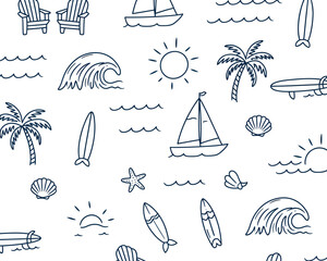 Hand-drawn seamless pattern with navy blue beach icons. Simple doodle illustration of sailboats, surfboards, and palm trees on a white background.