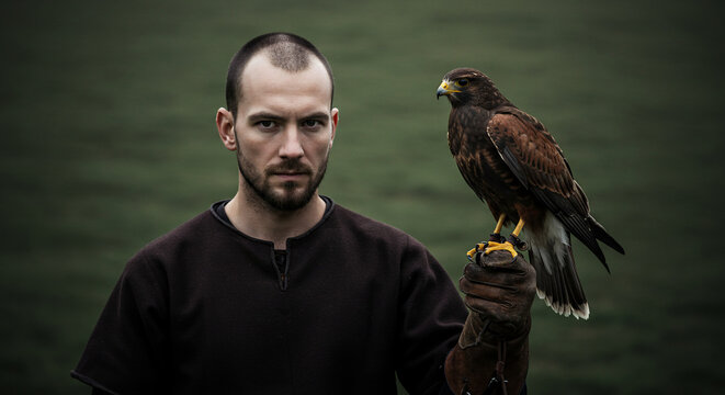 Man with a falcon on his gloved hand, looking intensely at the camera, outdoors - Powered by Adobe
