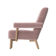 Modern Upholstered Armchair, Light Wood Legs, Pink Fabric, Side View 3D Render