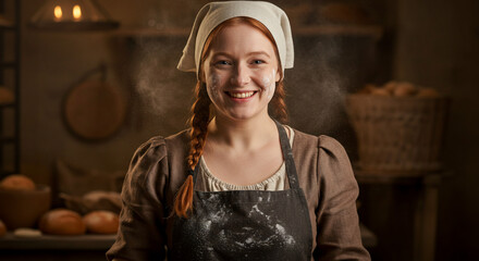 Young smiling woman baker with flour on her apron in a rustic kitchen