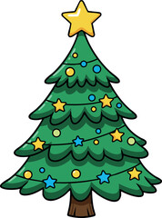 Christmas tree decorated with star and colorful ornaments for holiday celebration vector illustration